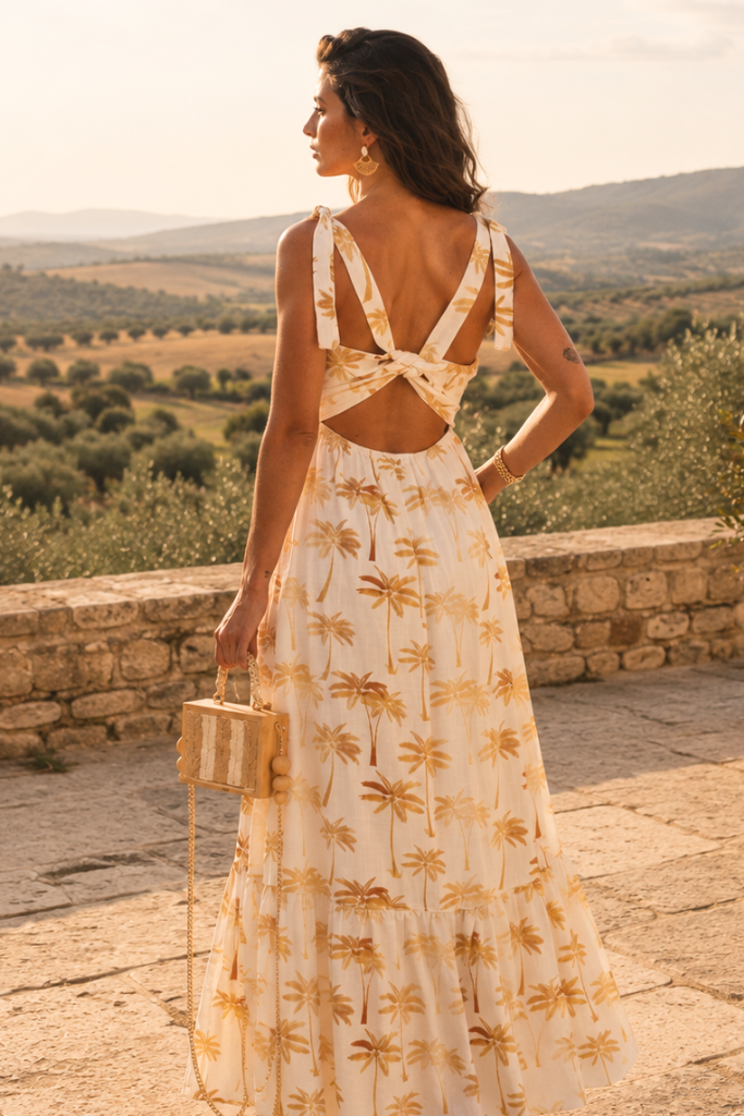 Vestido de lino dorado con palmeras de Biarritz 